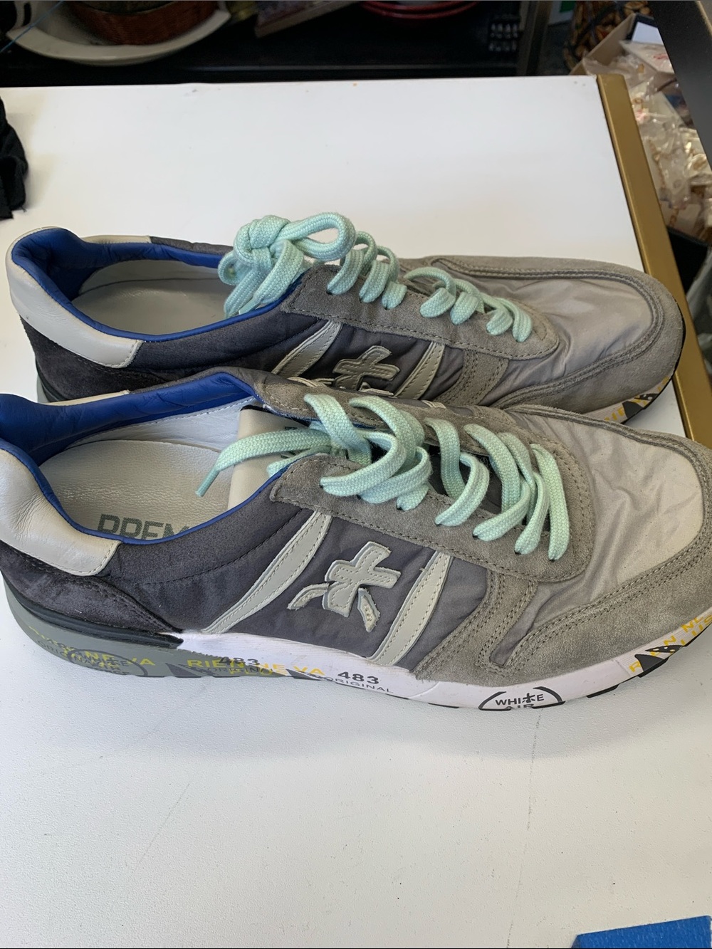 Premiata Kids Gray Sneakers with Blue Trim and Mint Laces